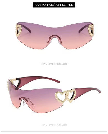 Crystal Heart Wraparound Sunglasses Pink