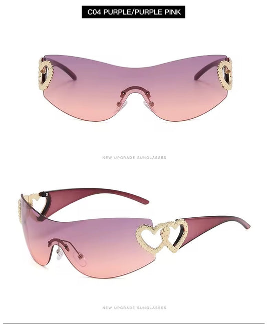 Crystal Heart Wraparound Sunglasses Pink