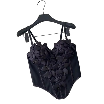 FLOWER APPLIQUE BLACK CORSET
