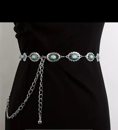Silver Blue Stone Chain Belt
