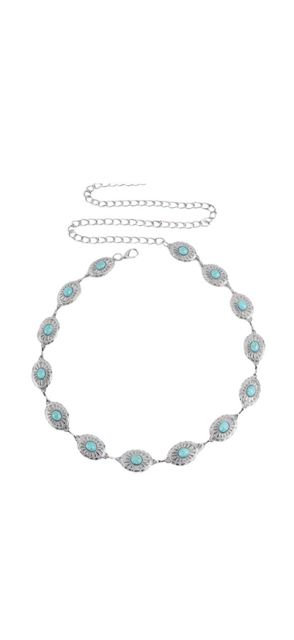 Silver Blue Stone Chain Belt
