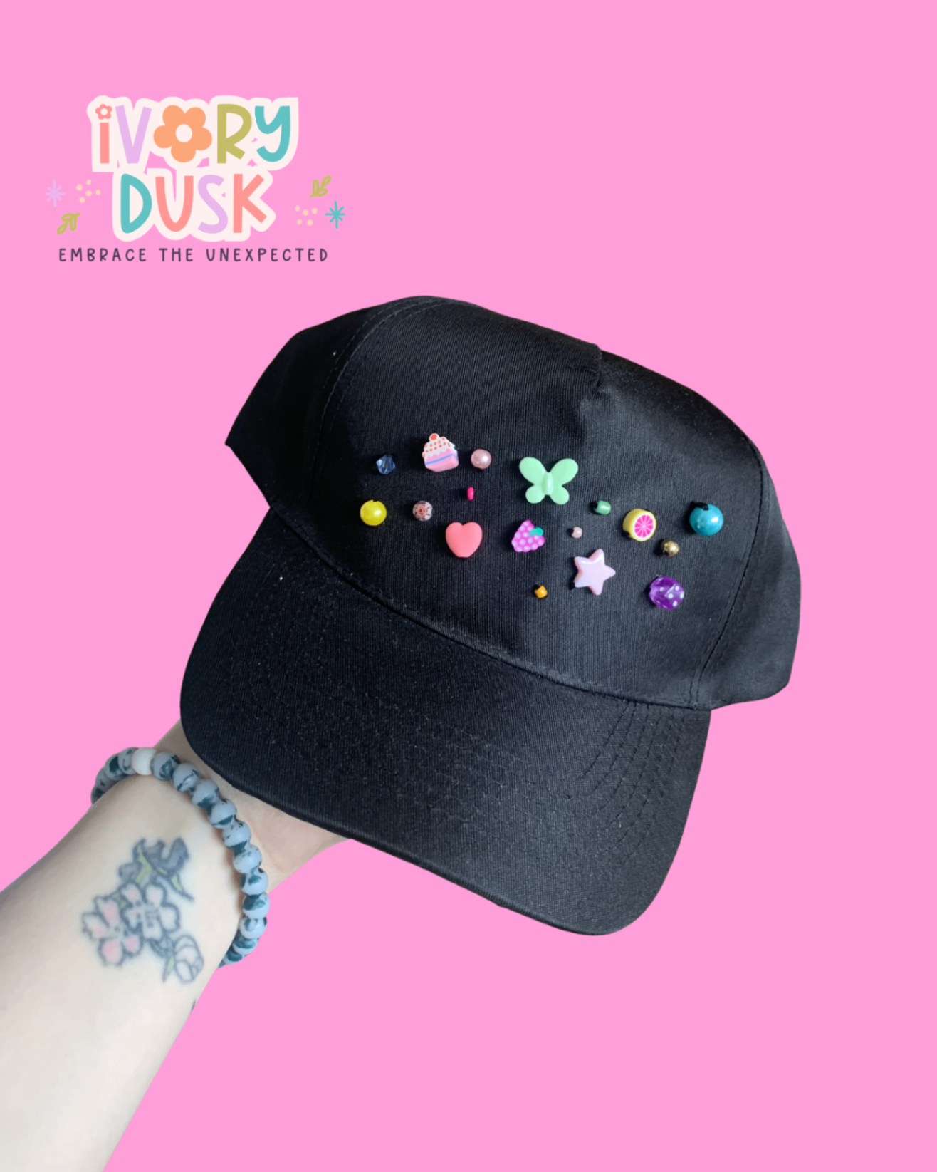 Beaded novelty black cap