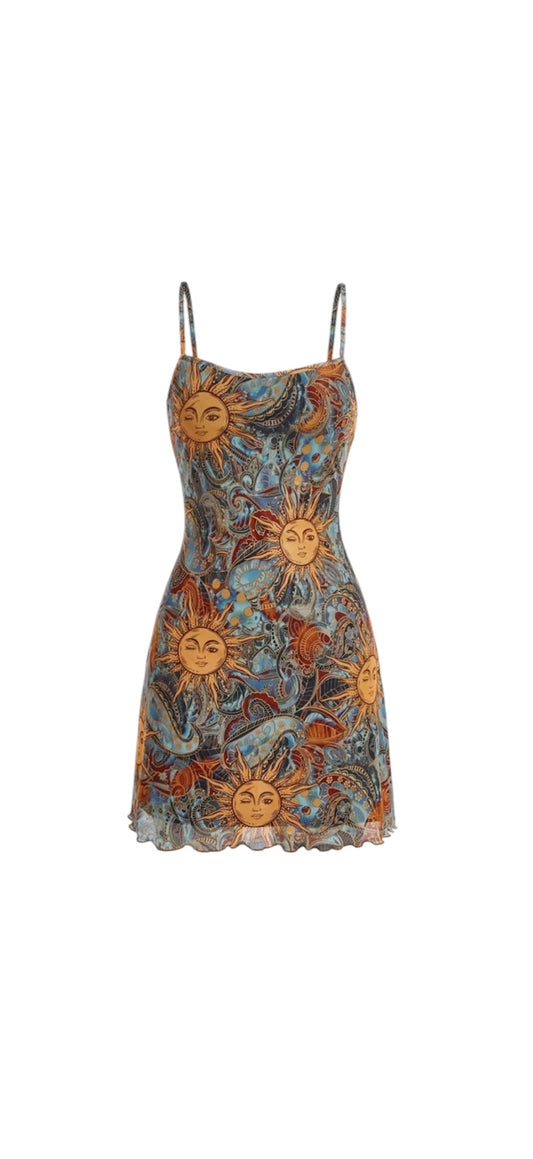Celestial sun & swirl print mini dress