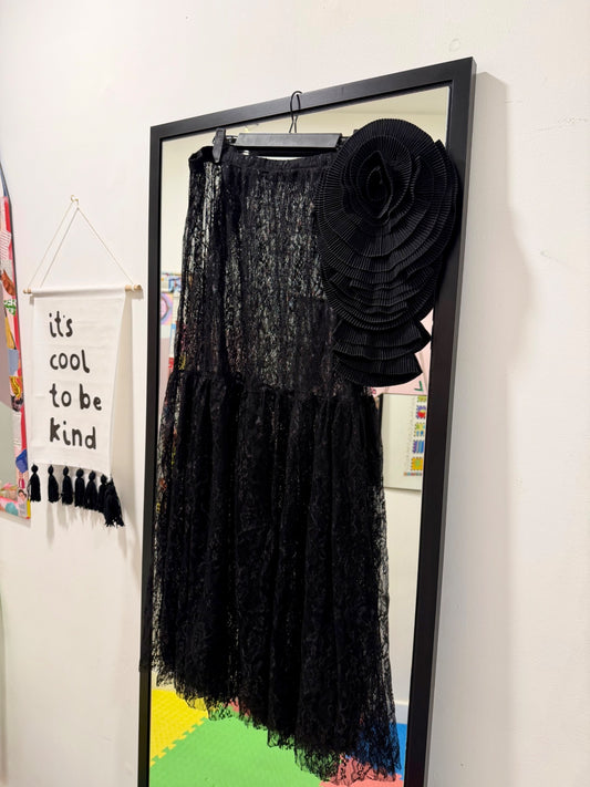 Black Lace Skirt with Rose Brooch Detail