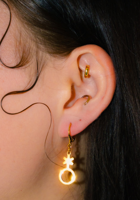 Gold non binary symbol huggie hoops