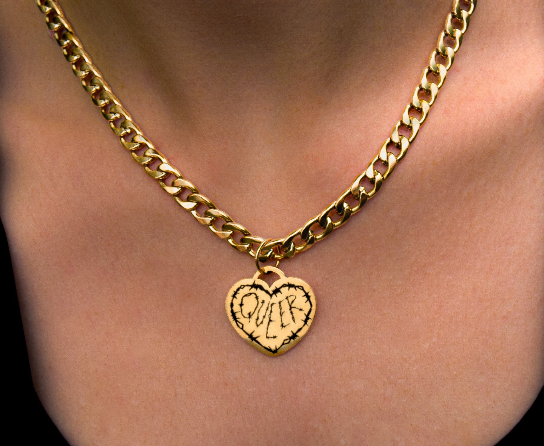 Gold QUEER barbed wire chunky chain - 14"-18" inches 