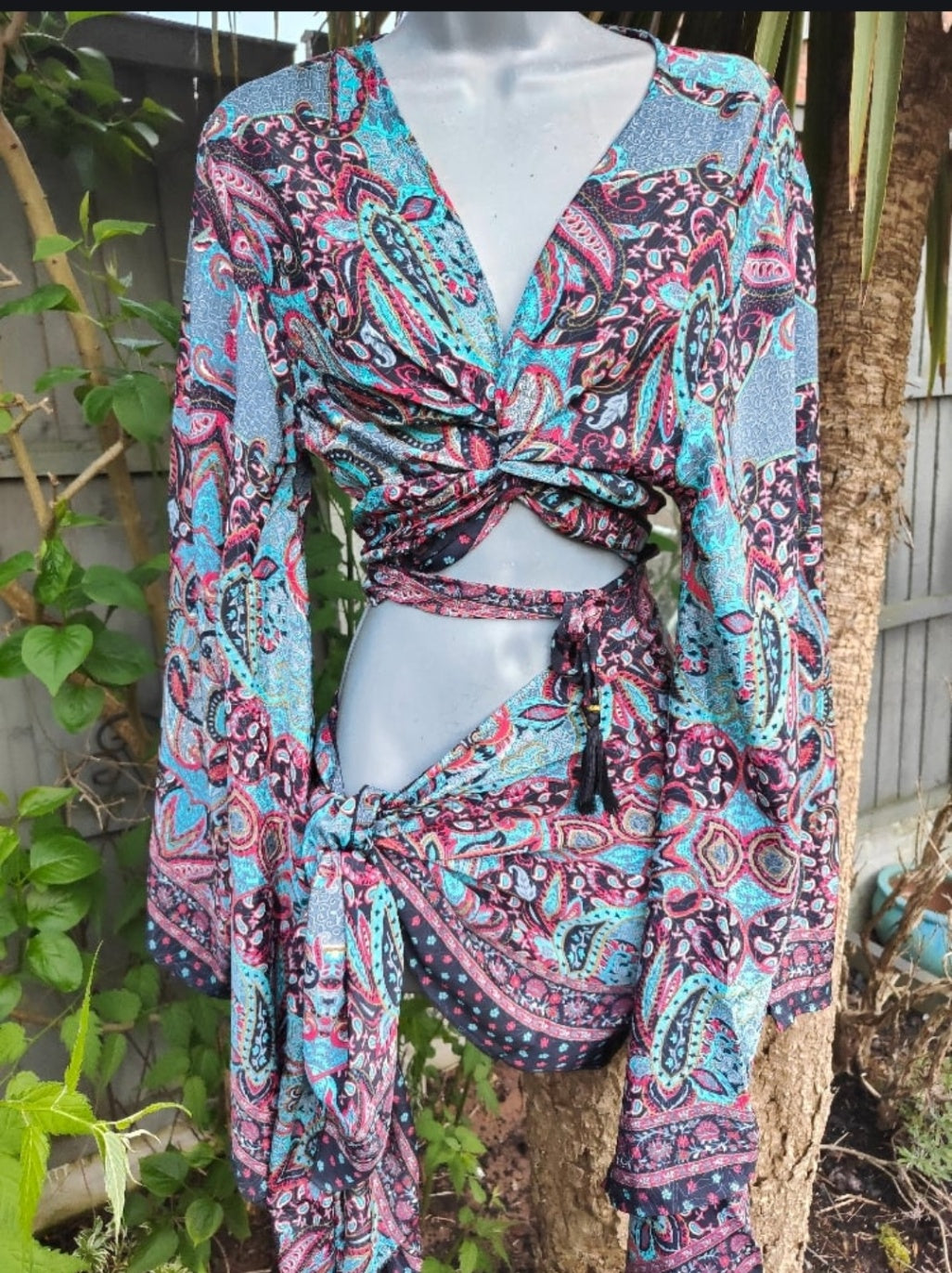 Pefkos co ord set top and sarong scarf-Black reds