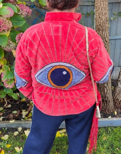 Wanderlust evil eye protection velvet jacket Brown