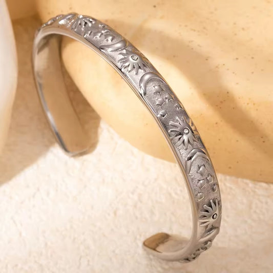 Silver Solar Eclipse Cuff Bracelet – Gold Sun, Moon & Star Bangle