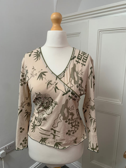 cream floral & dragon print top