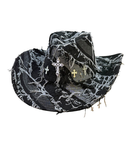 Silver Cross Black Denim Cowboy Hat