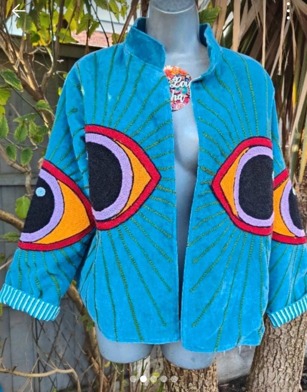 Wanderlust evil eye protection velvet jacket turquoise