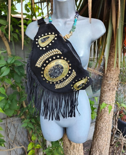 DOLLY Bumbag Suede fringe tassles with Moroccan stone detail Black