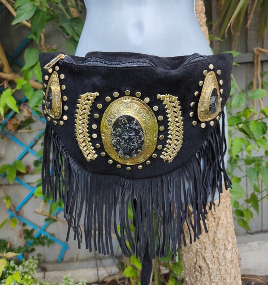 DOLLY Bumbag Suede fringe tassles with Moroccan stone detail Black