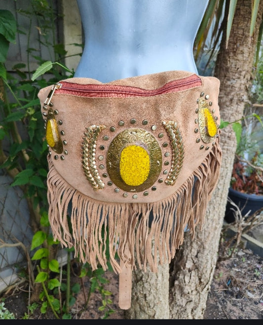 Dolly Bumbag  Suede fringe tassles with Moroccan stone detail Tan