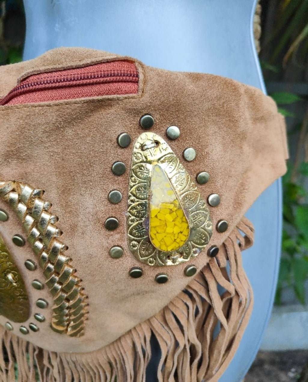 Dolly Bumbag  Suede fringe tassles with Moroccan stone detail Tan