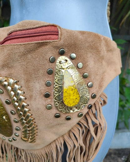 Dolly Bumbag  Suede fringe tassles with Moroccan stone detail Tan