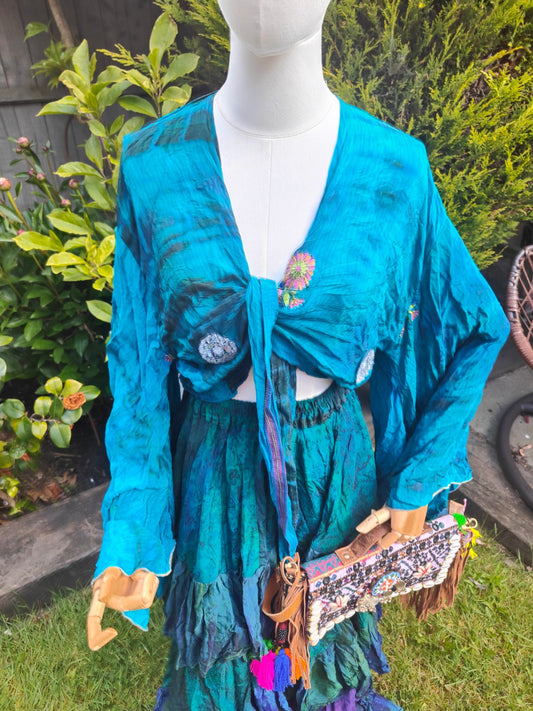 Stevie tie top- wing sleeves - recycled sari fabric 8-14 