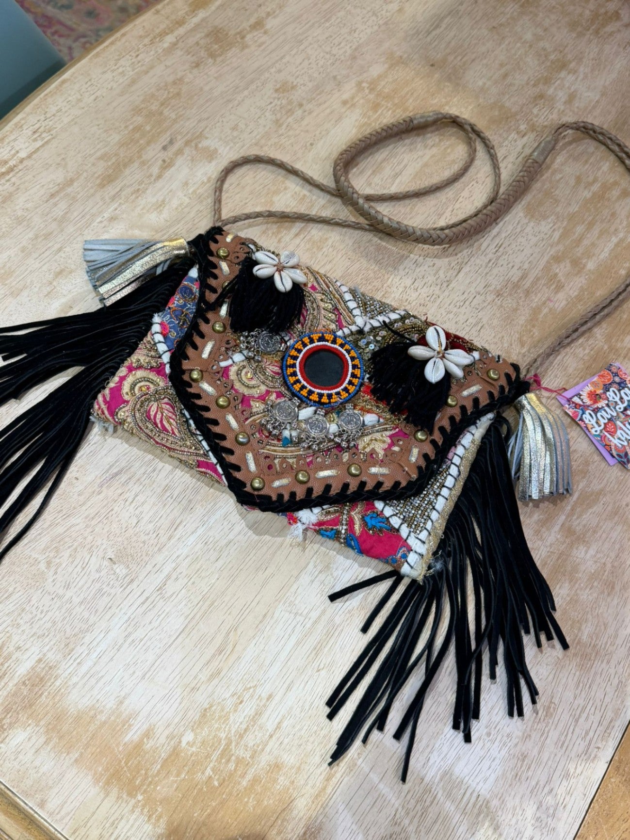 Chilean Boho Bag- Black Tassle- coins shells - UNIQUE