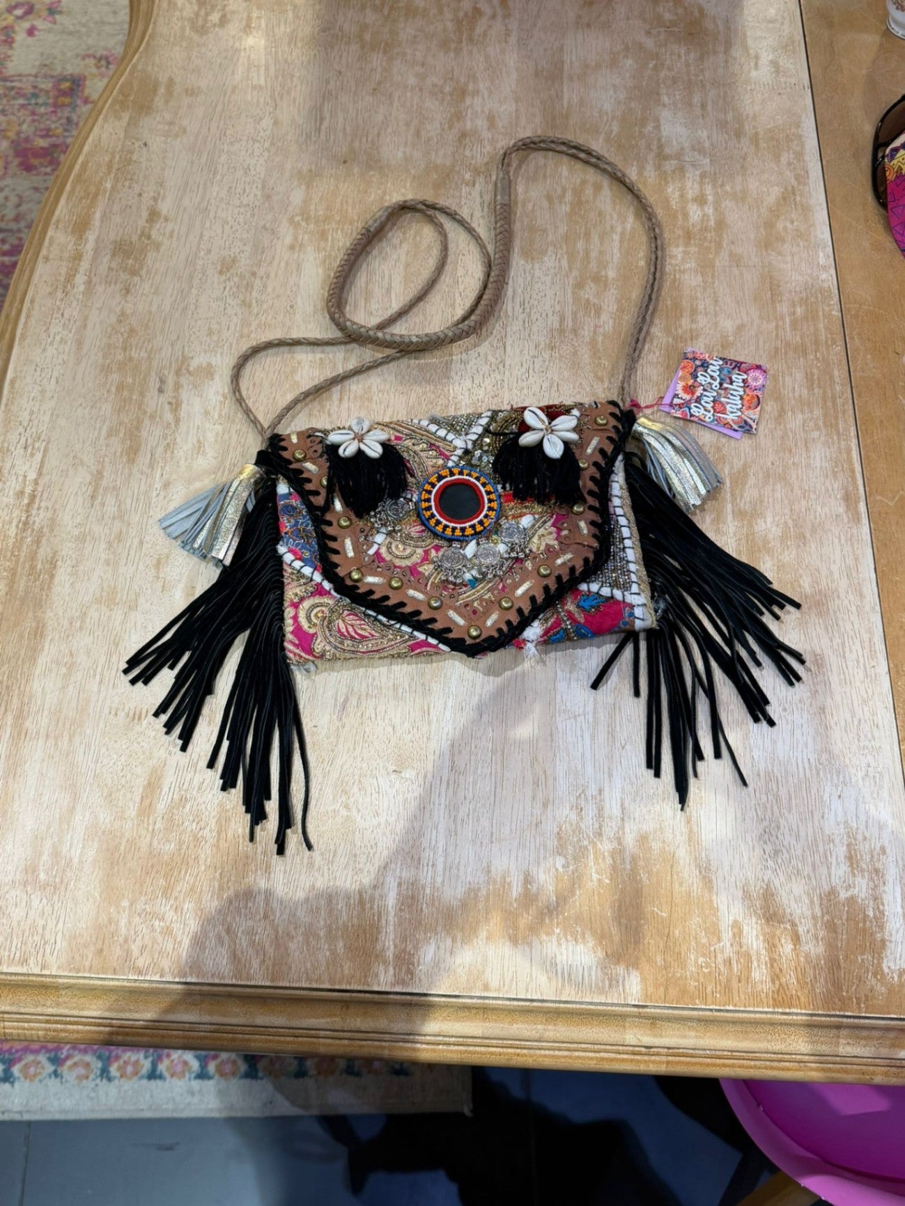 Chilean Boho Bag- Black Tassle- coins shells - UNIQUE
