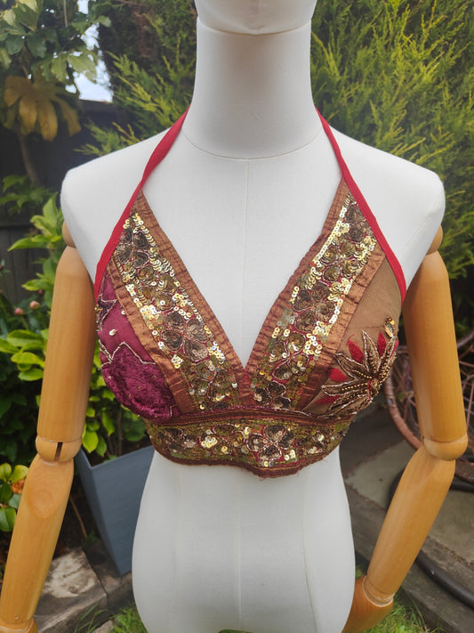 Jewelled bralette halter neck top -unique -two tone