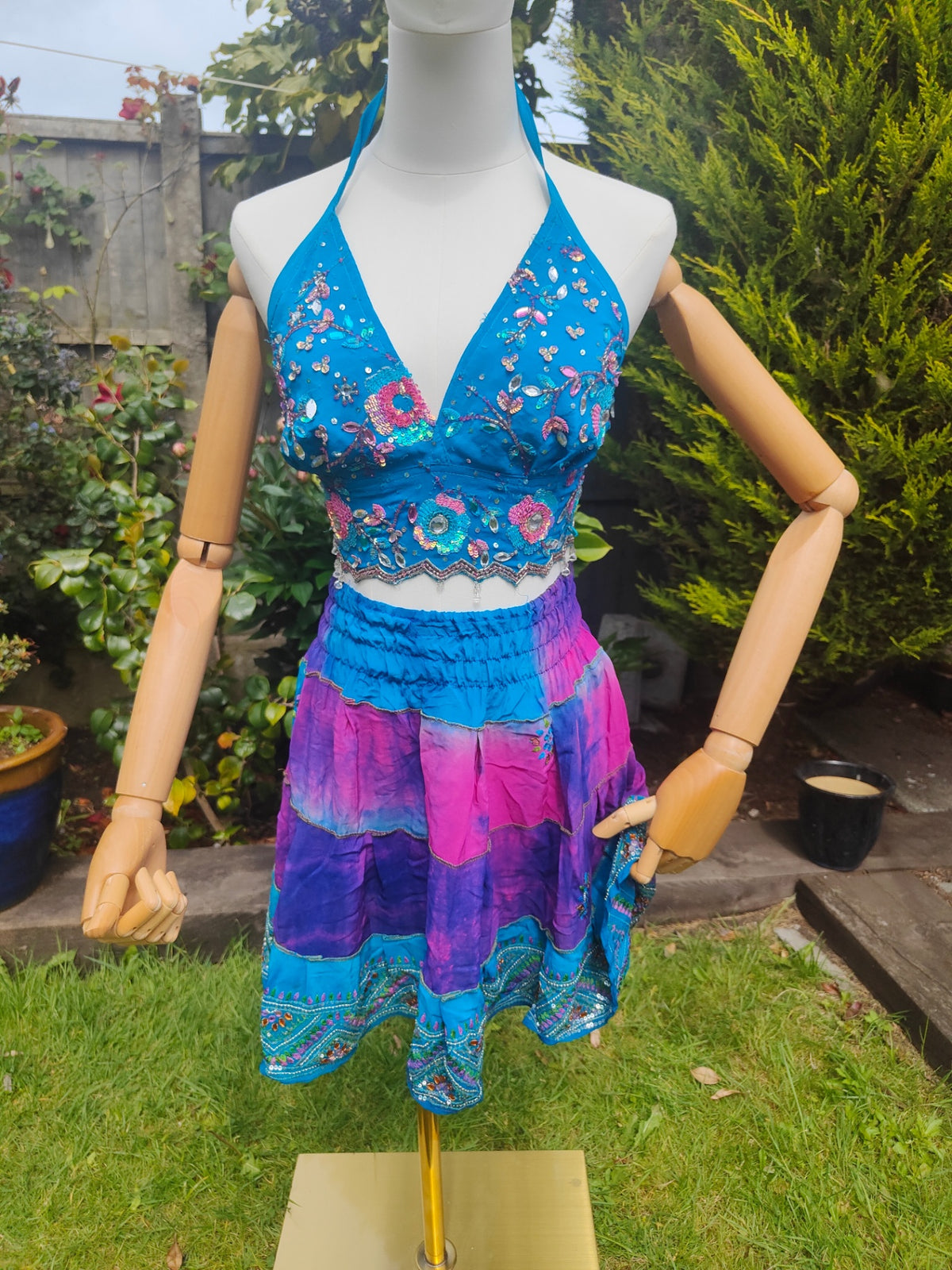 Boho sari beach skirt - pink and turquoise