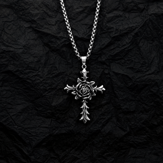 Rose Cross Silver Necklace Stainless Steel