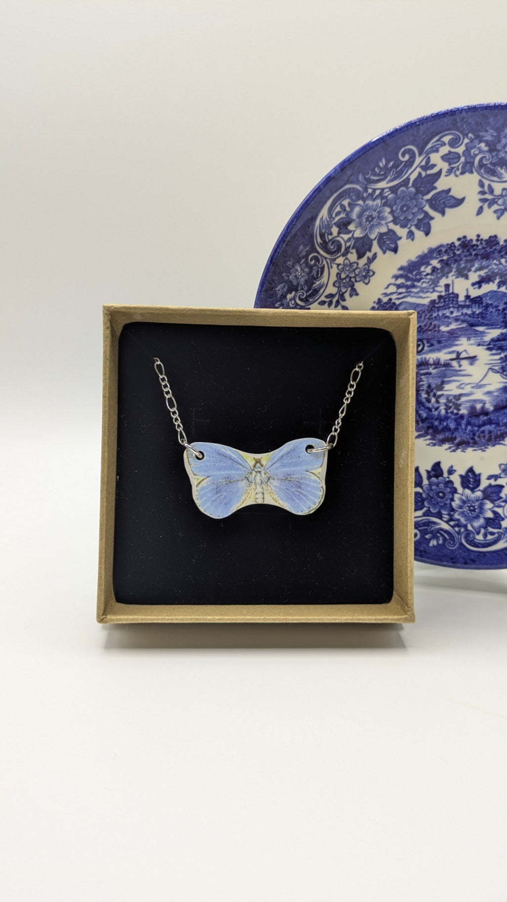 Light Blue Butterfly Necklace | Made from Vintage Plates 