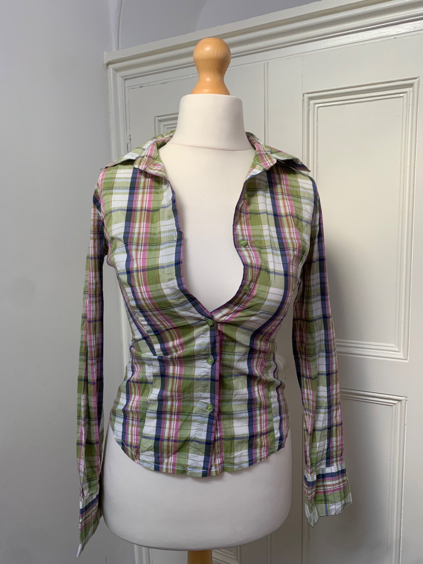 72% cotton green plaid shirt