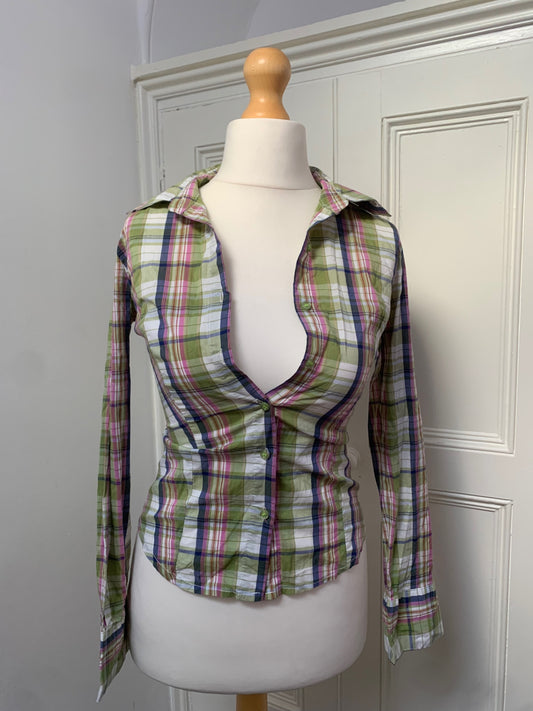 72% cotton green plaid shirt