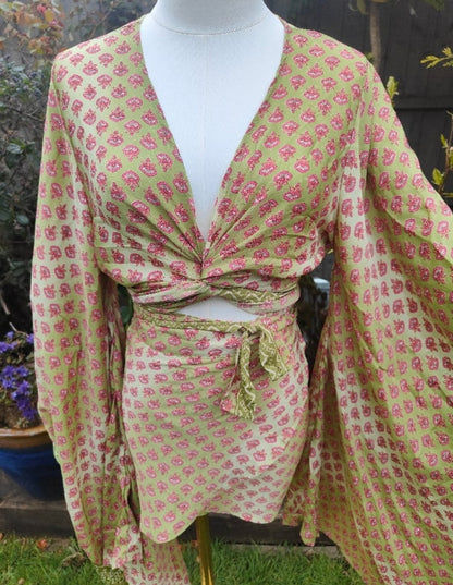Tulum co ord set tie top & wrap mini skirt -light green