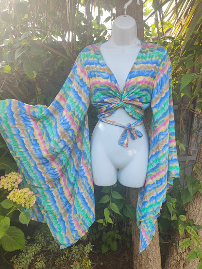 Tulum co ord set - tie top & wrap skirt - green, pink, yellow