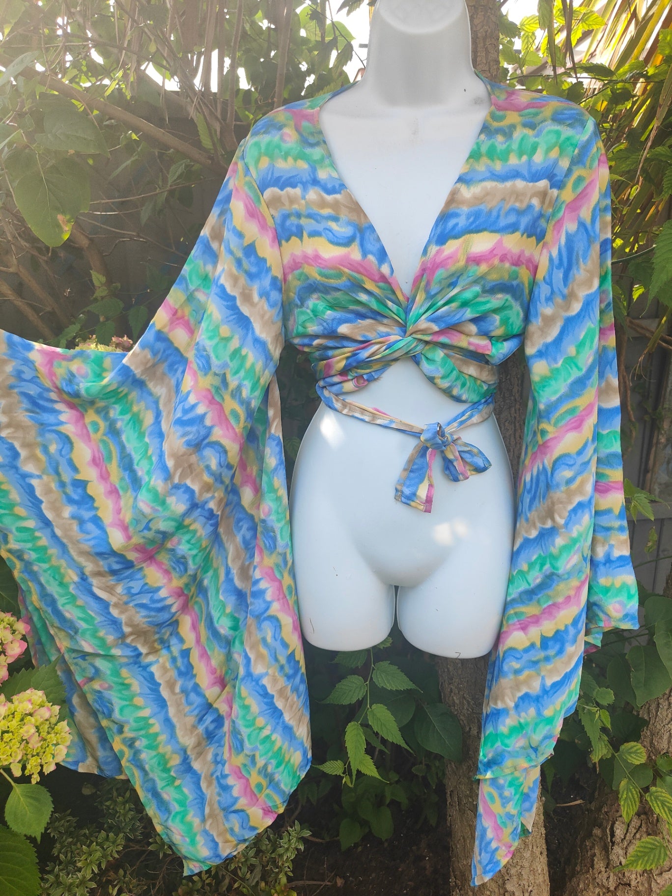 Tulum co ord set - tie top & wrap skirt - green, pink, yellow