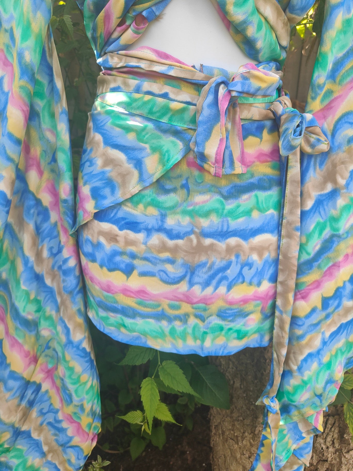 Tulum co ord set - tie top & wrap skirt - green, pink, yellow
