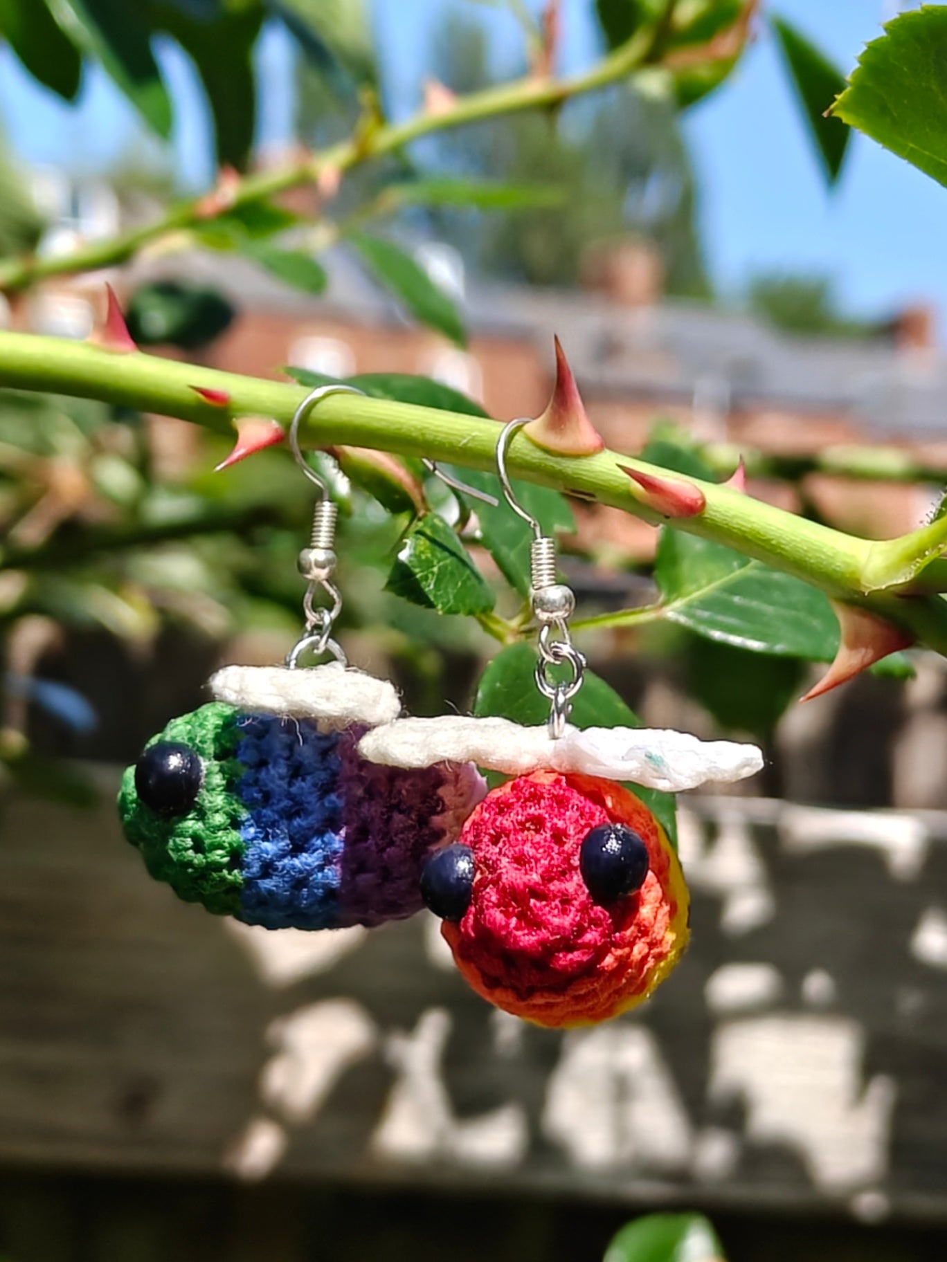 Rainbow pride crochet bee earrings