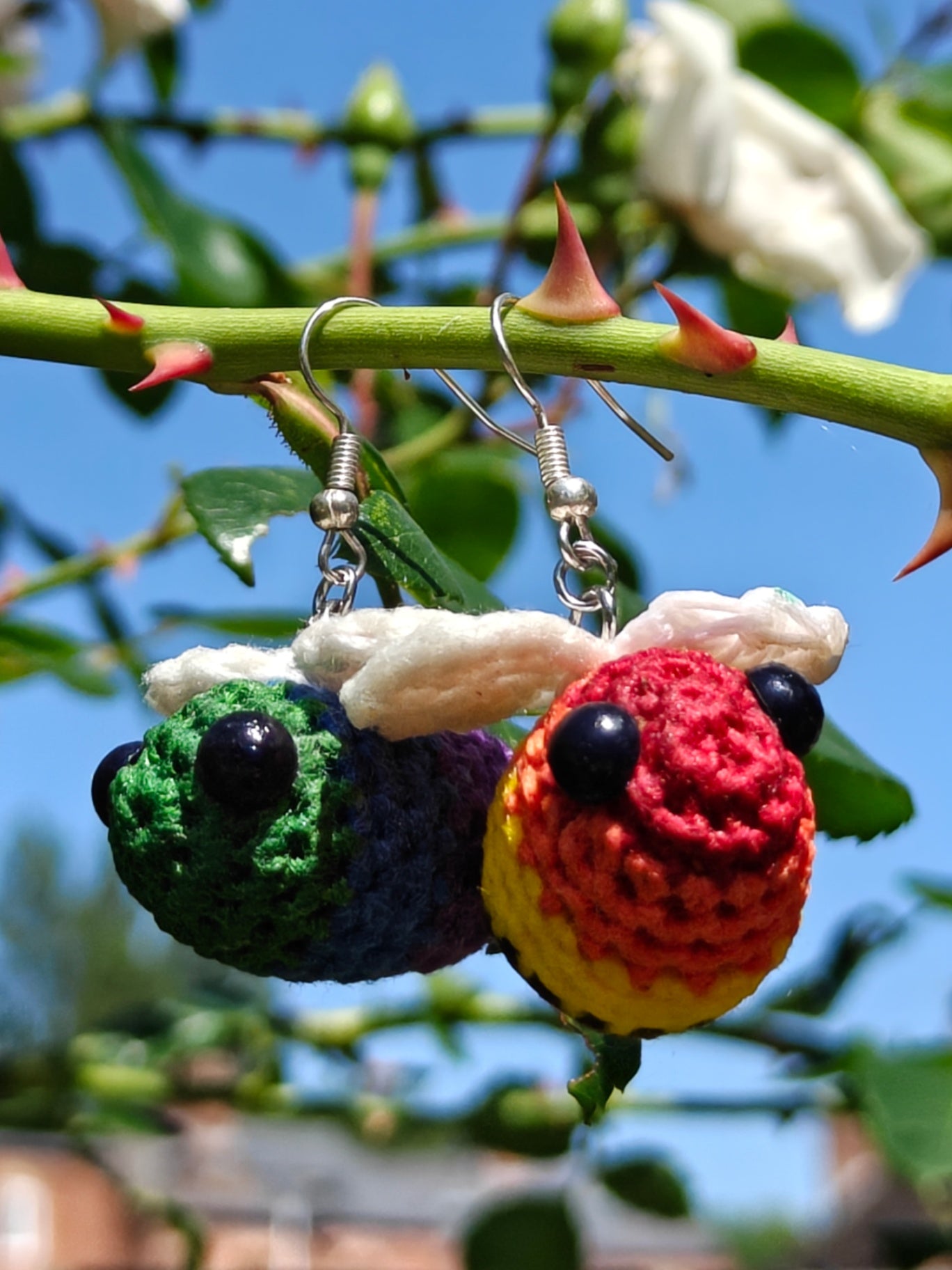 Rainbow pride crochet bee earrings