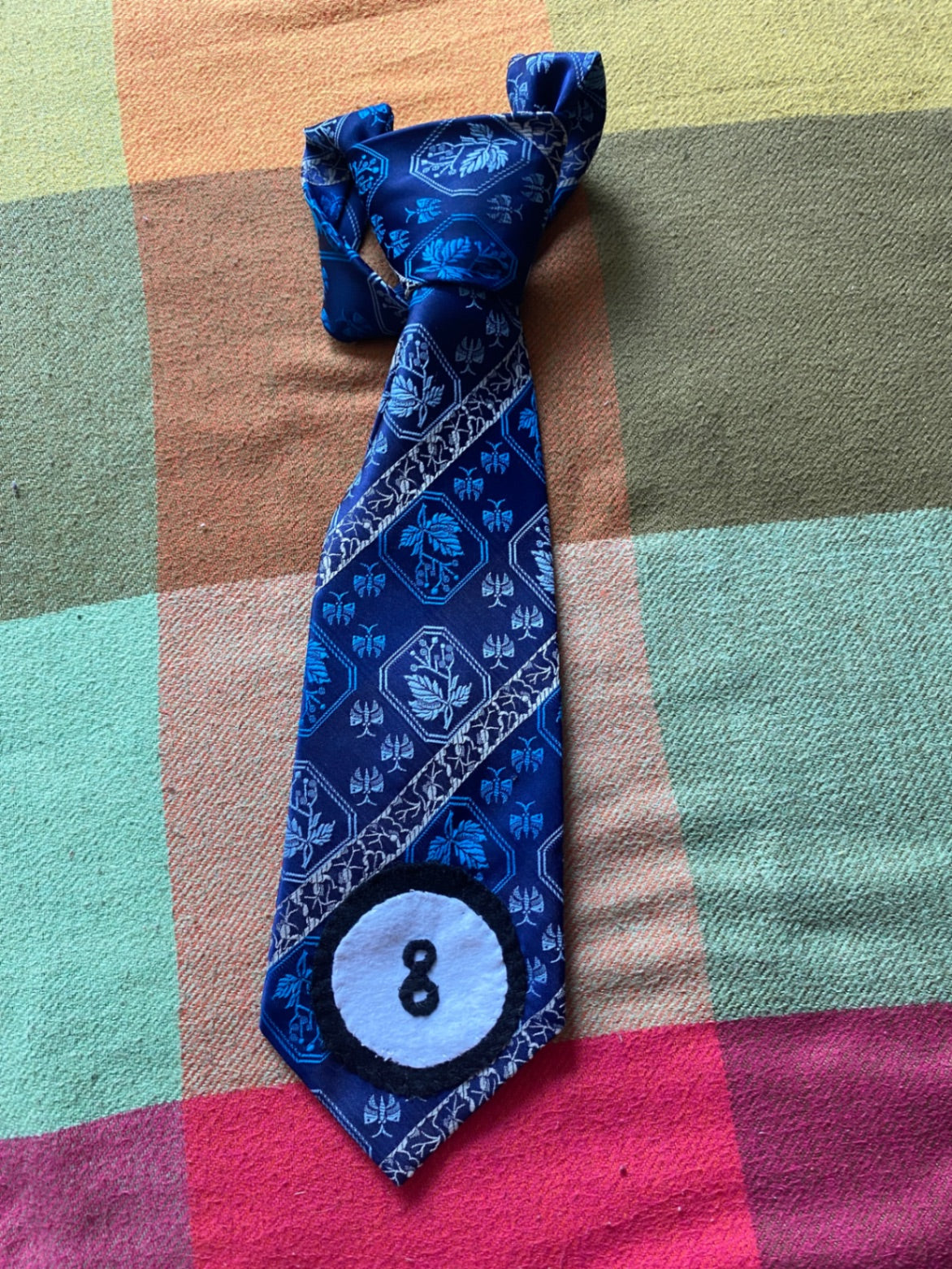 8 BALL Up-cycled tie with hand sewn design