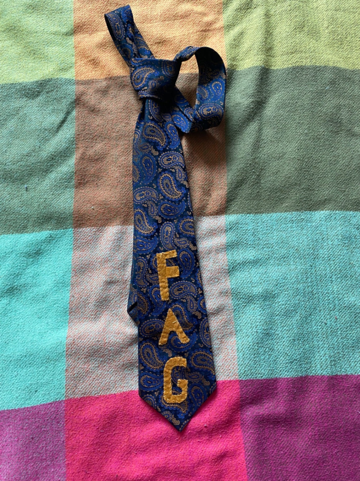 FAG BLUE & YELLOW Up-cycled tie with hand sewn design