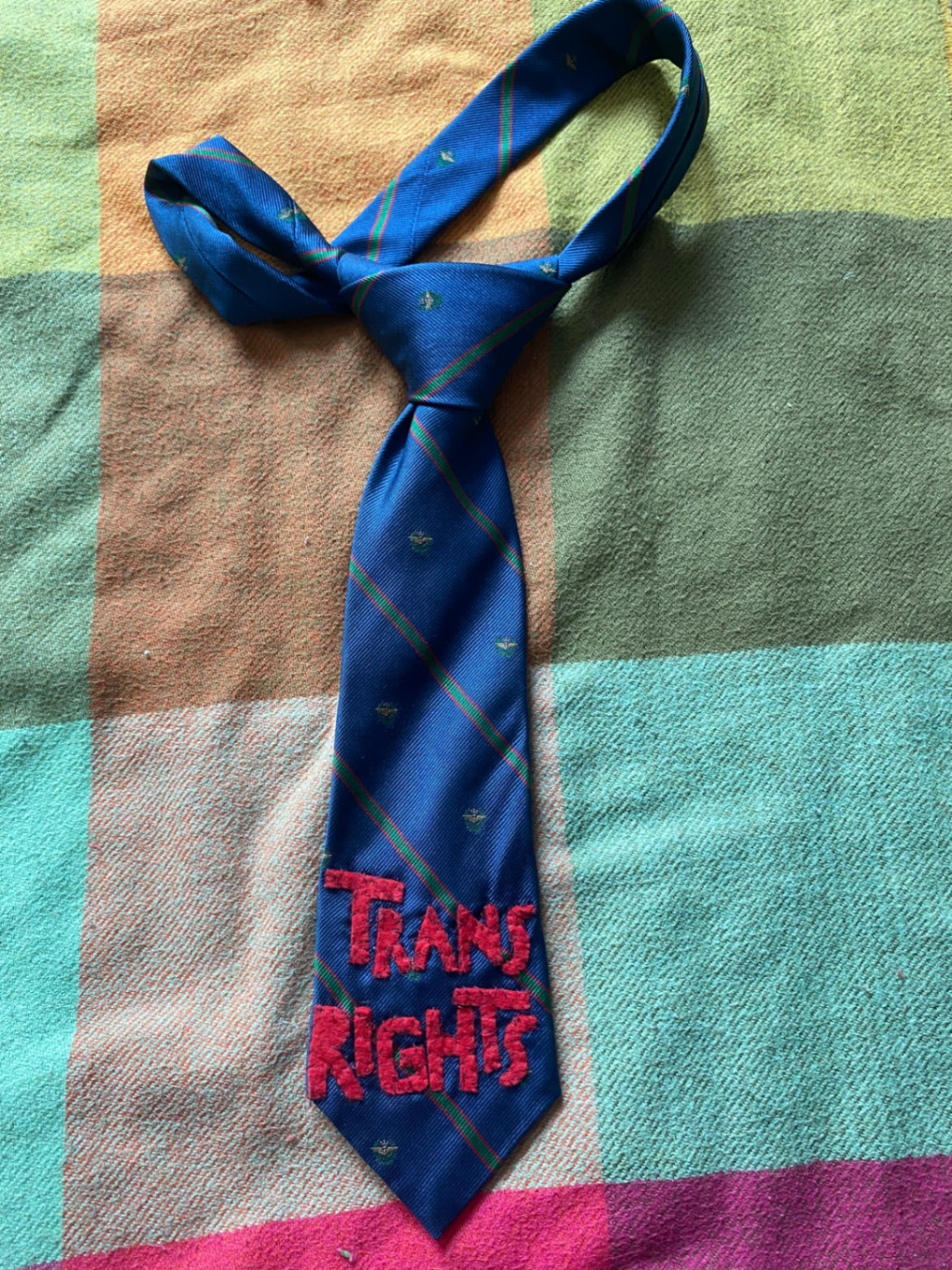 TRANS RIGHTS Up-cycled tie with hand sewn design