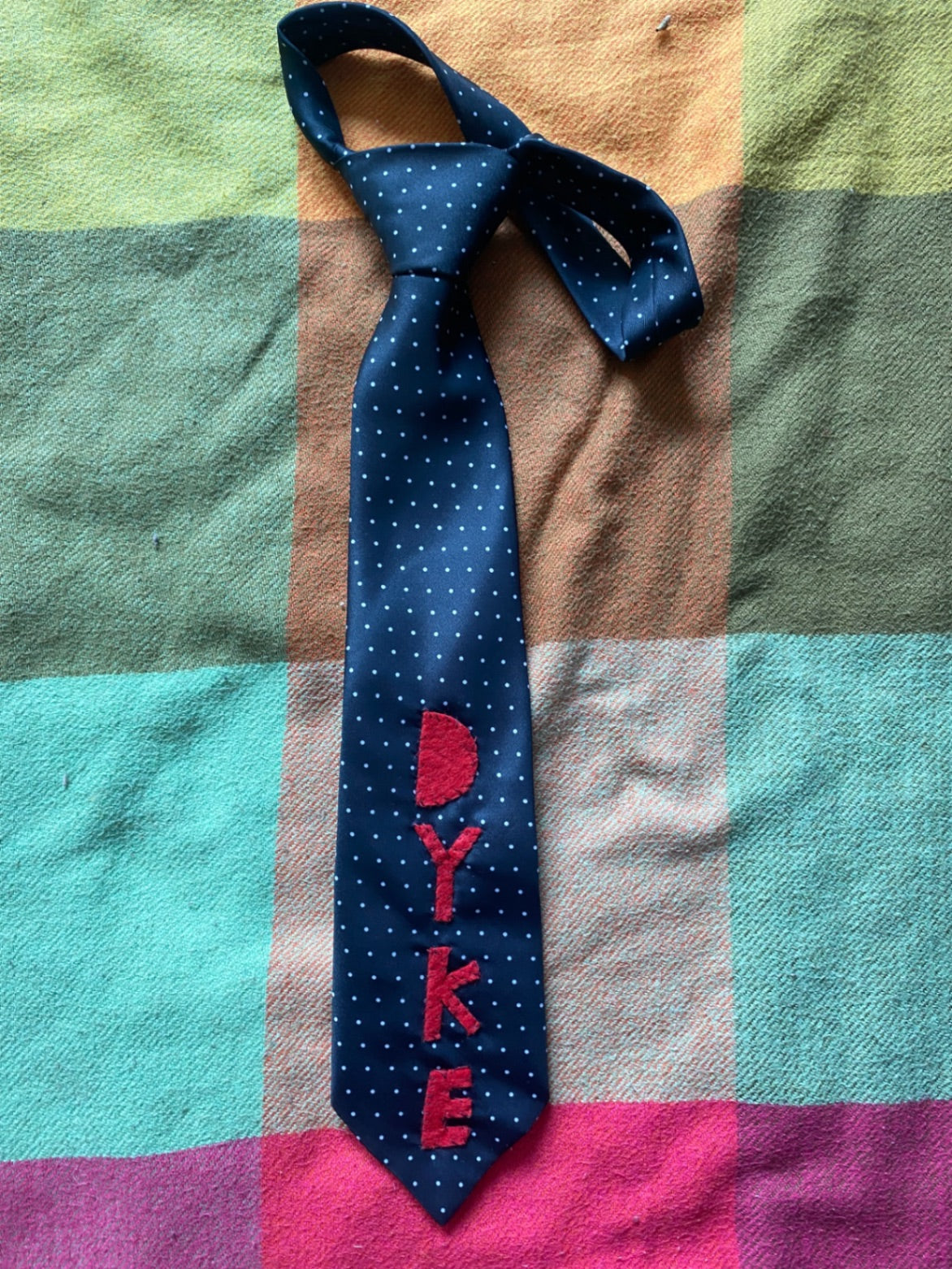 DYKE NAVY AND RED Up-cycled tie with hand sewn design