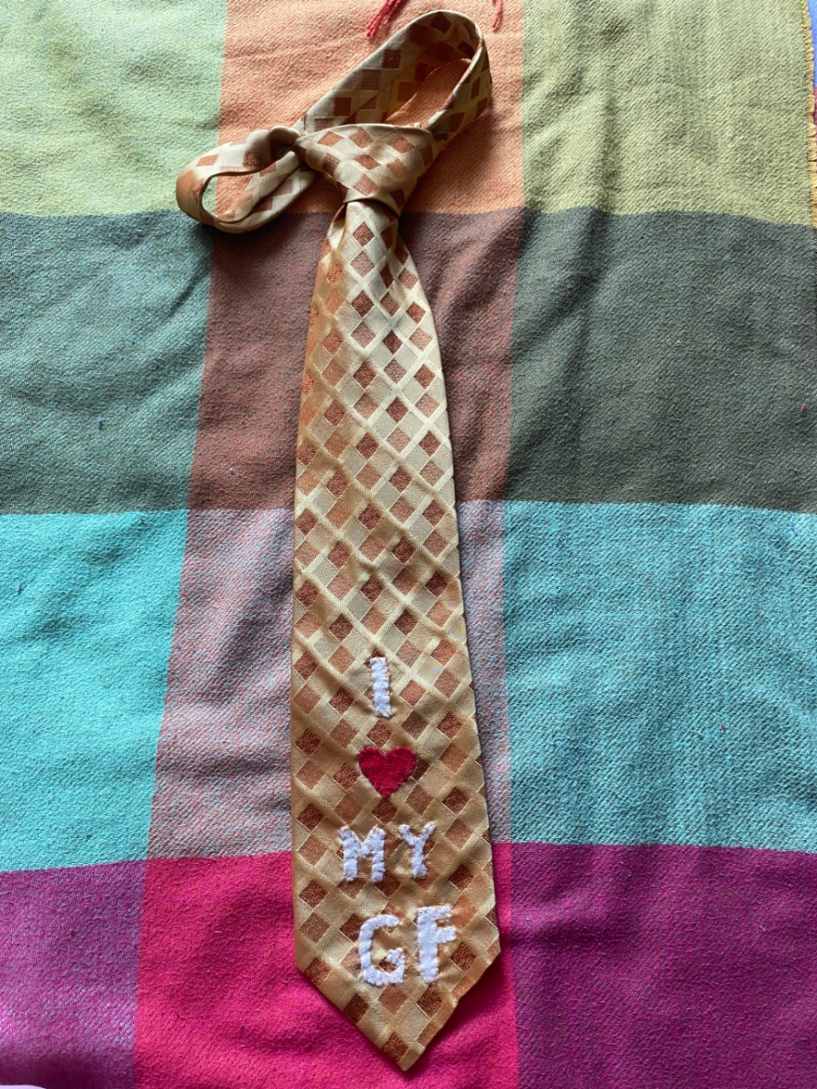 I <3 MY GF Up-cycled tie with hand sewn design