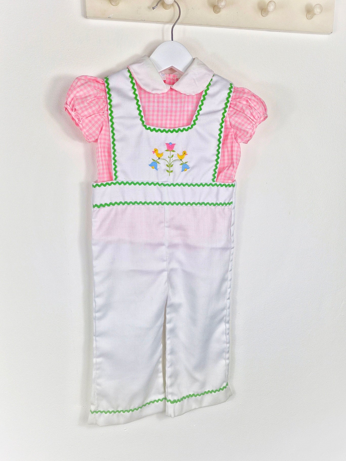2 years, white vintage dungarees with gingham blouse