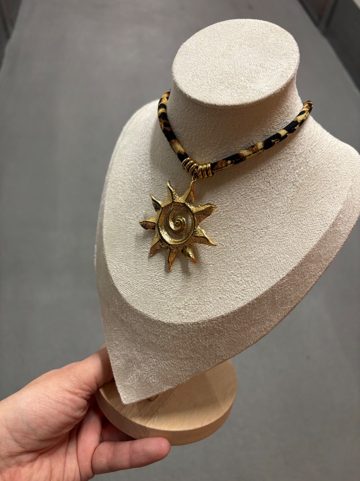 Leopard print material necklace with sun pendant 