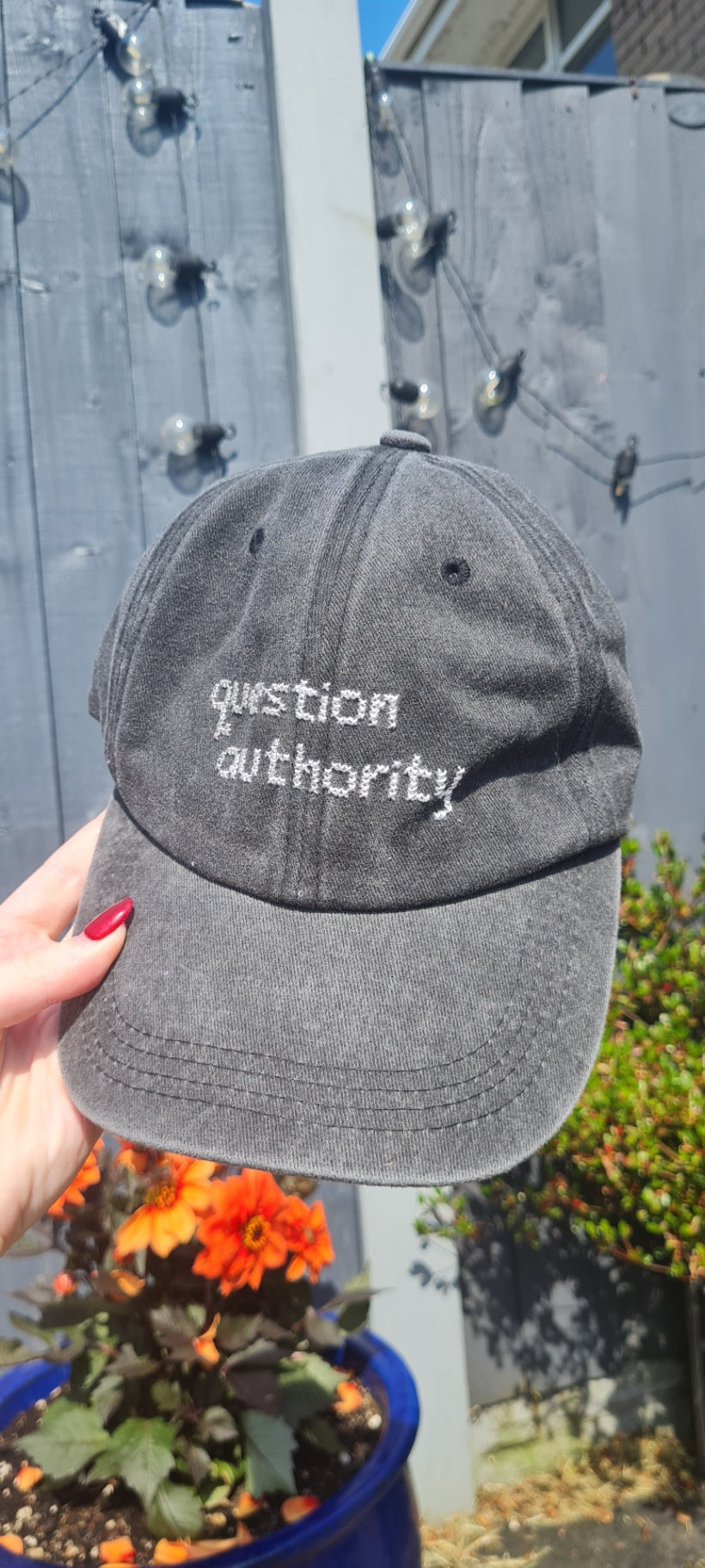 Question Authority Cross Stitch Cap