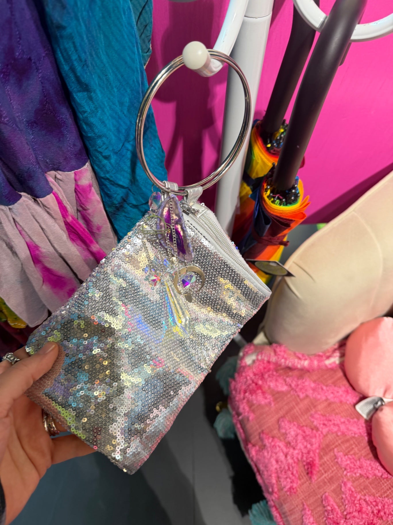 Silver Sequin Bag with Purple Agate