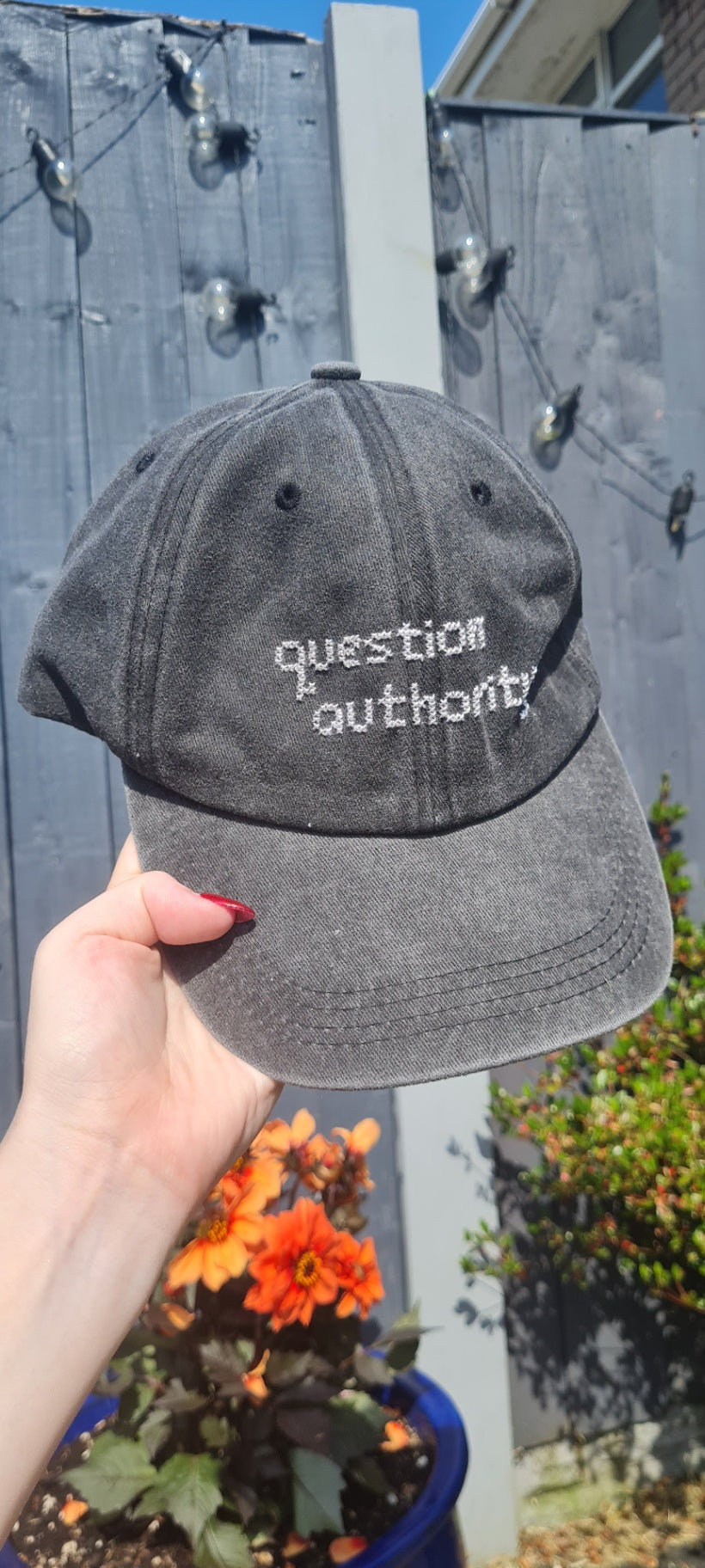 Question Authority Cross Stitch Cap