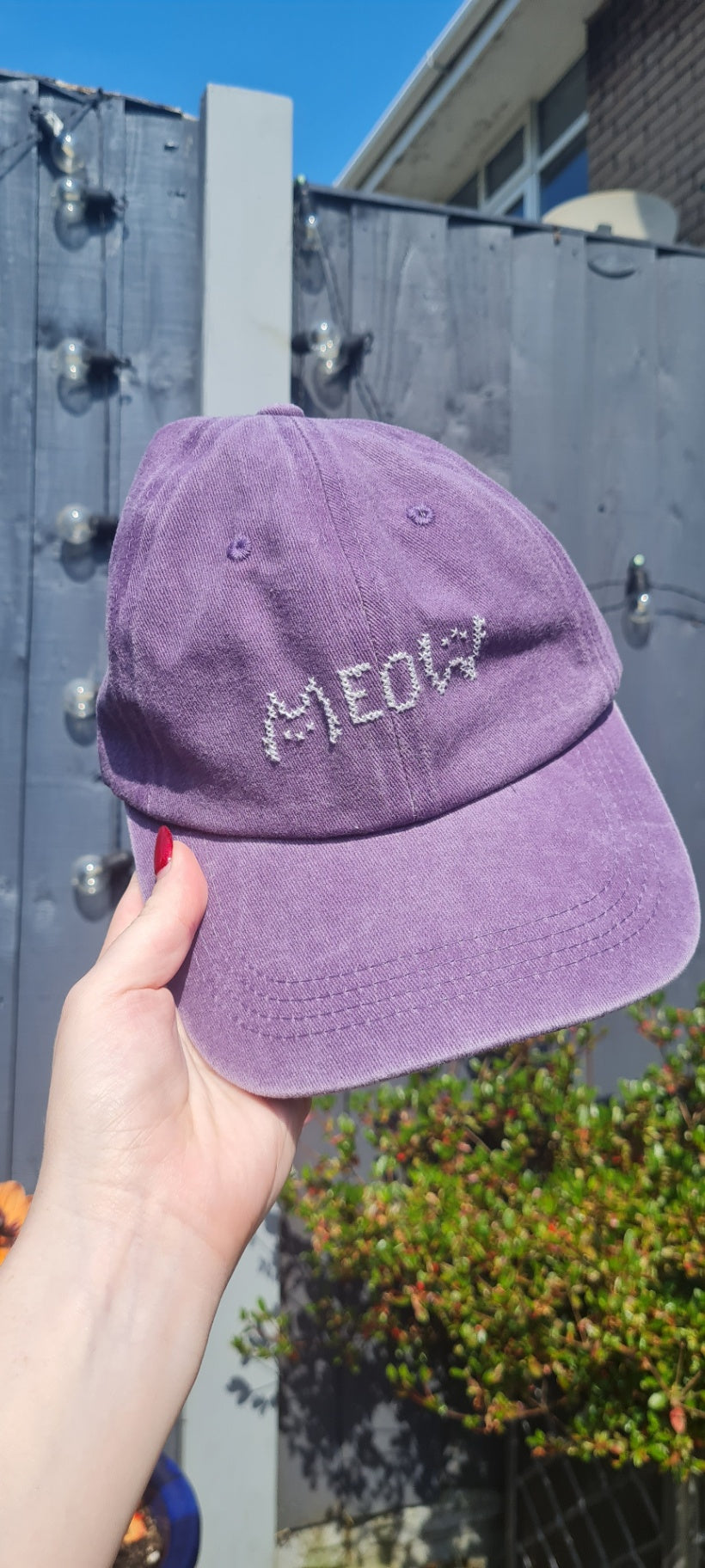 Meow Cat Purple Cross Stitch Cap