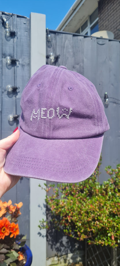 Meow Cat Purple Cross Stitch Cap