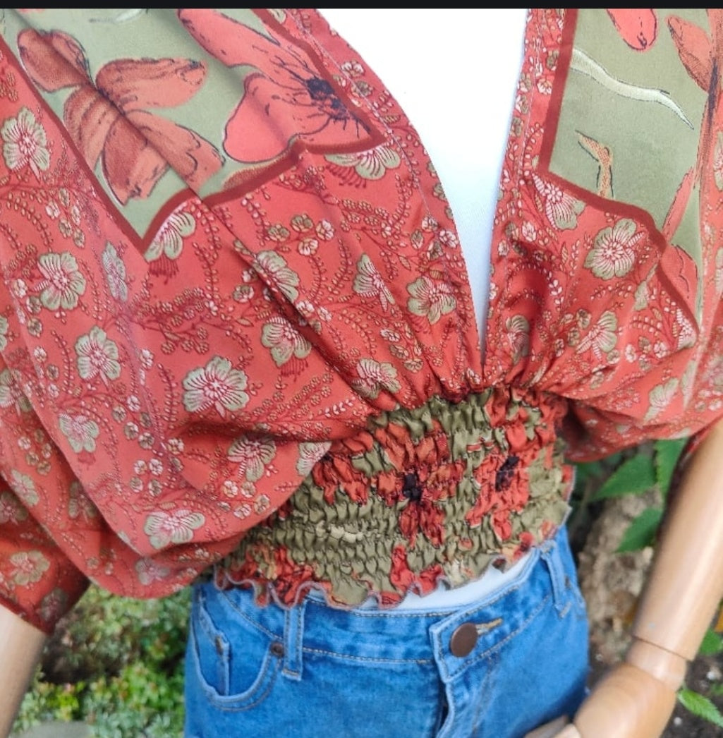 Es Cana Grecian Top - Rust Red & Green 