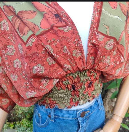 Es Cana Grecian Top - Rust Red & Green 